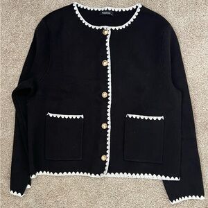Black Trimmed Cardigan Sweater with Gold Buttons
